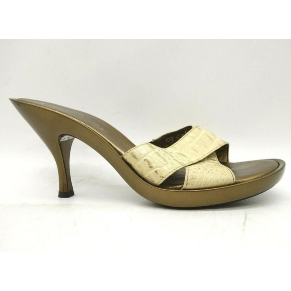 Donald Pliner Couture Cream Gold Alligator Print Slide Heel Shoes Women's 7 M - Picture 1 of 10